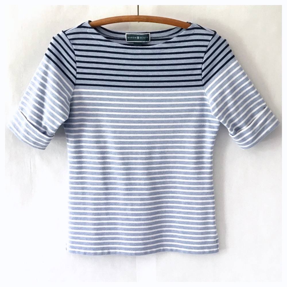 3/$15 Karen Scott Blue White Striped Tee